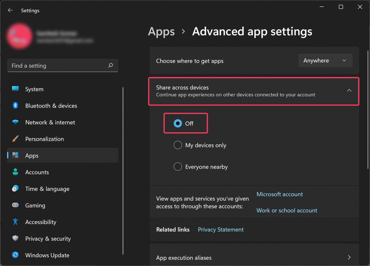 Disable App Sharing in Windows 11
