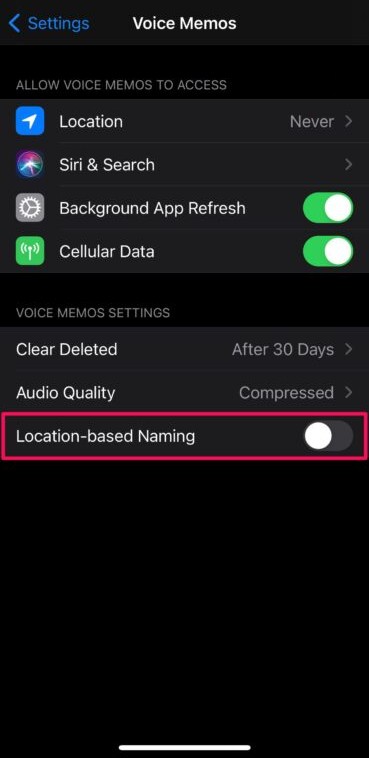 Disable Location Name in Voice Memos on iPhone