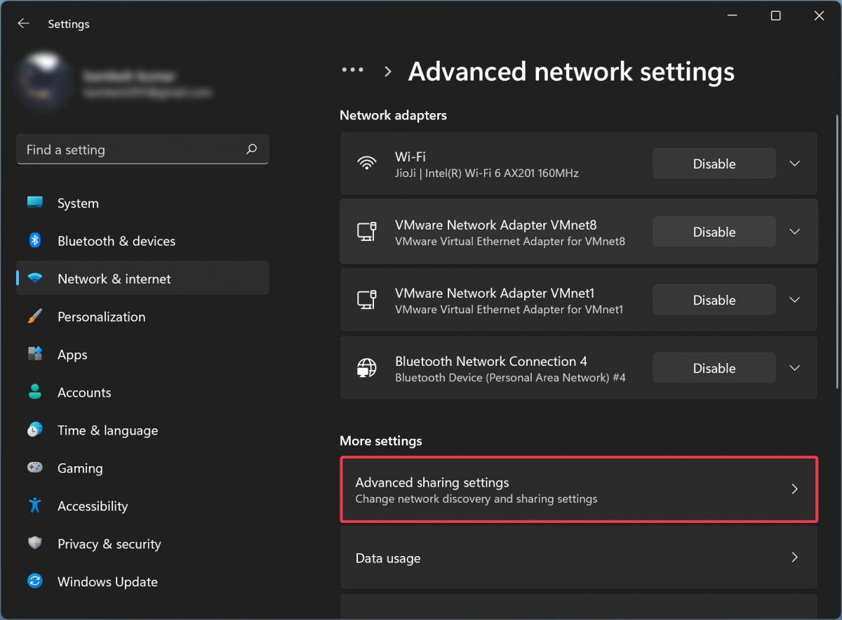 Disable Protected Password Sharing Win 11 2