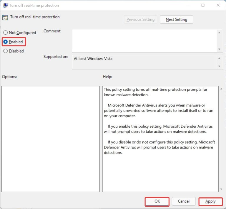 How to disable Windows Defender RealTime Protection through Policy Editor
