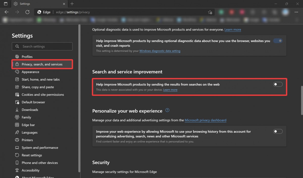 Disable MS Edge From Sharing Search Results Data To Microsoft