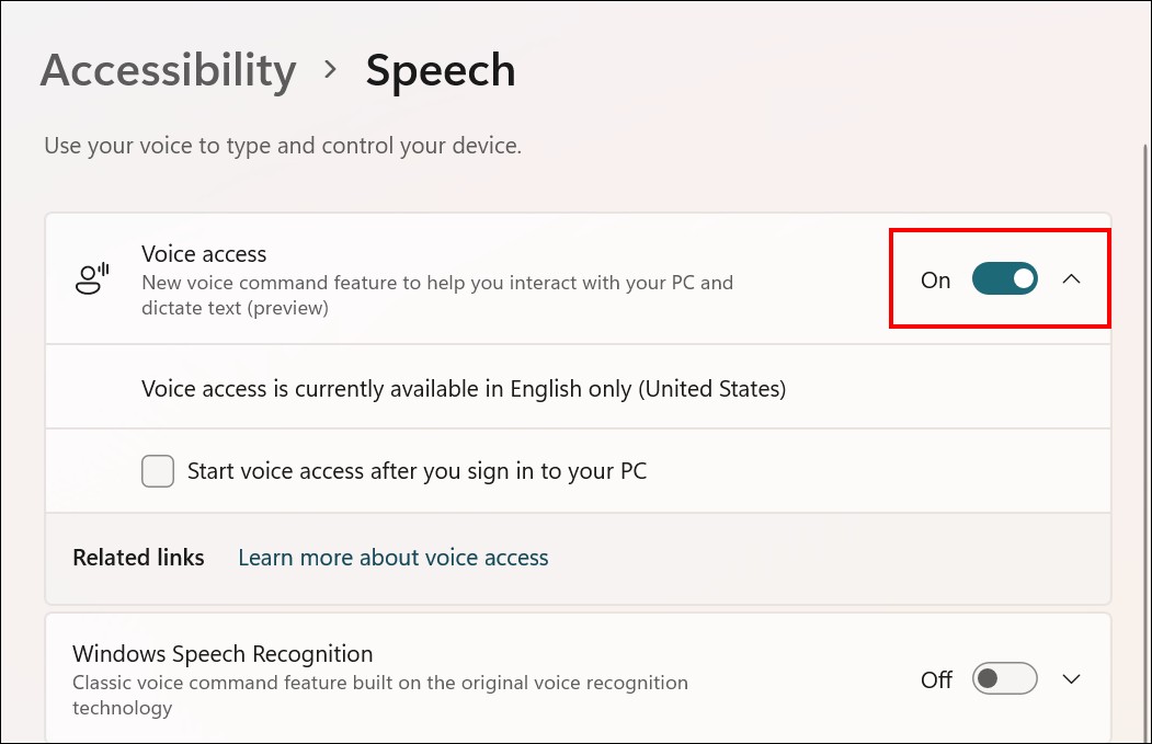 Enable Voice Access Win 11 3