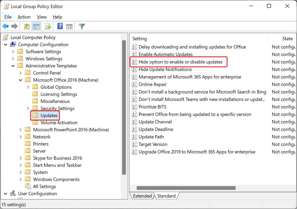 Hide Office Updates Option