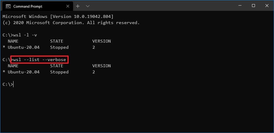 WSL Version Check using Command Prompt in Windows Computer