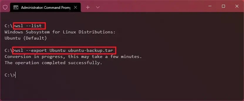 Windows 11 WSL2 Linux Distro Backup using Command Prompt