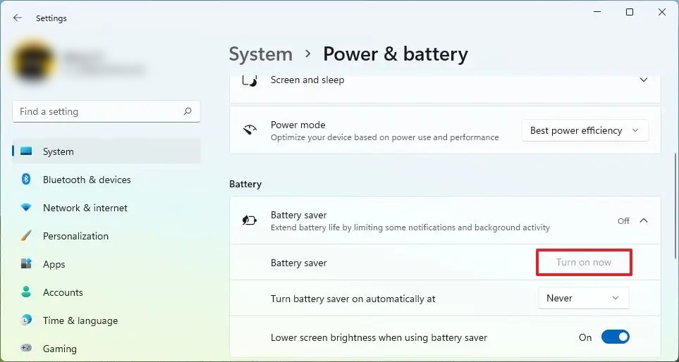 Enable Windows 11 Battery Saver Mode