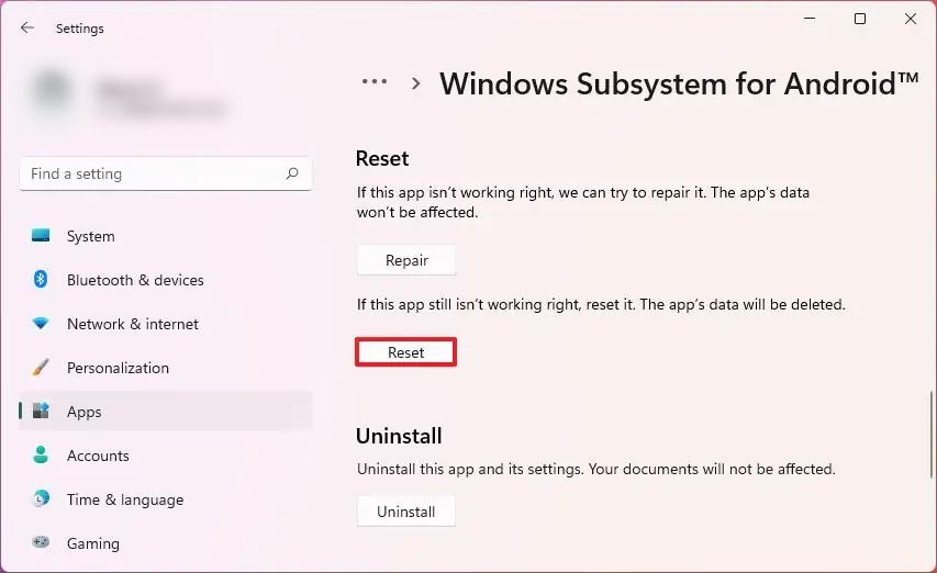 Reset Windows Subsystem for Android (WSA) in Windows 11