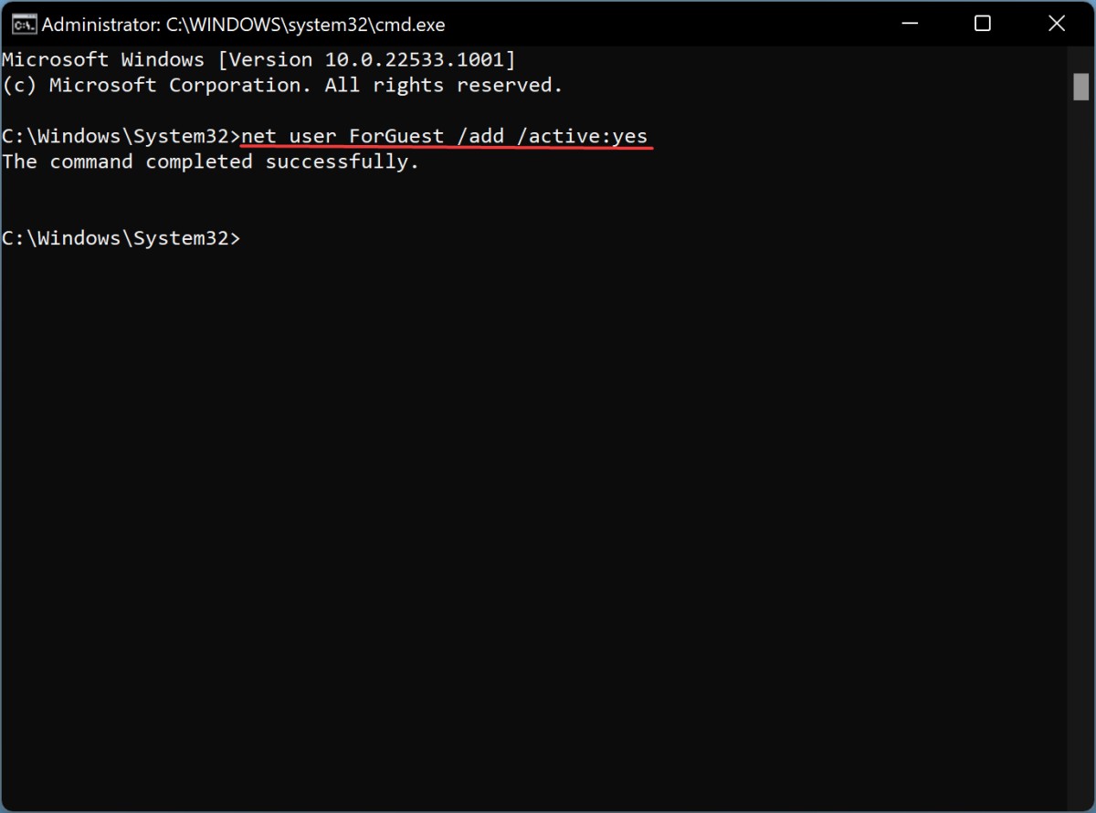 Creating Guest Account in Windows 11 using Command Prompt