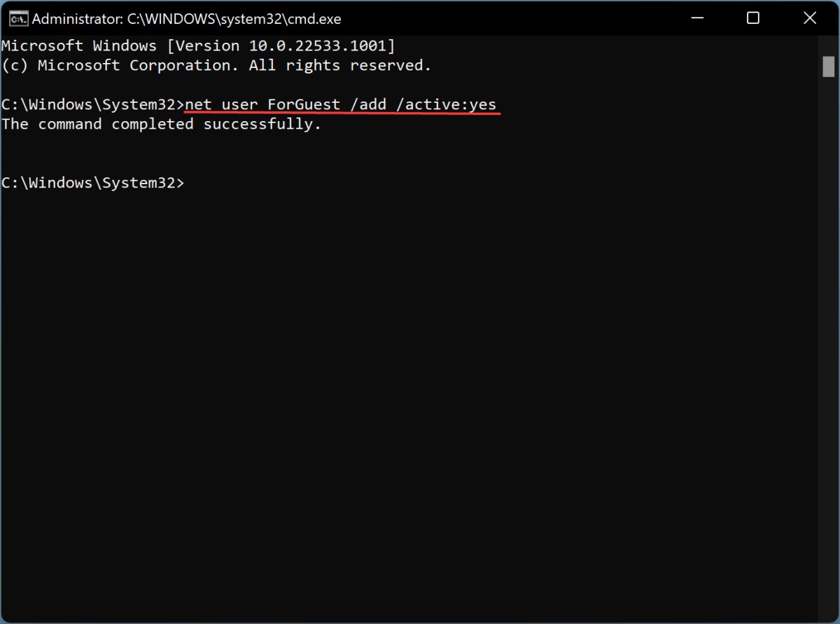 Creating Guest Account in Windows 11 using Command Prompt