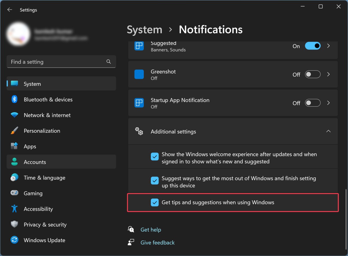 Disable Tips & Suggestions Notification Windows 11