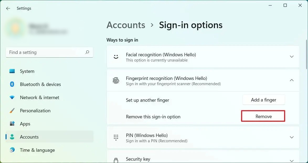 Remove Fingerprint Recognition in Windows 11
