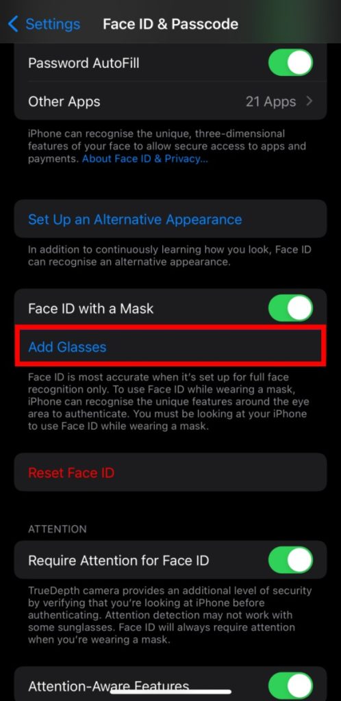 how to set face id with glasses