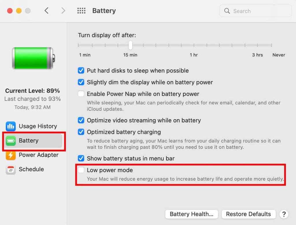 Enable Low Power Mode in Apple MacBook