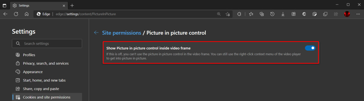 Disable Microsoft Edge Picture-in-Picture Button