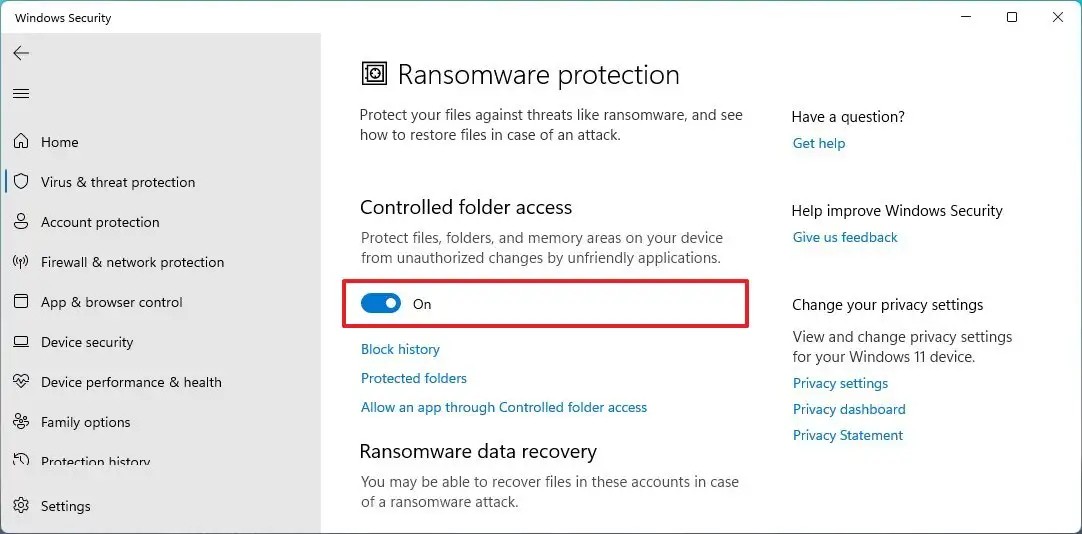 Enable Ransomware Protection in Windows 11