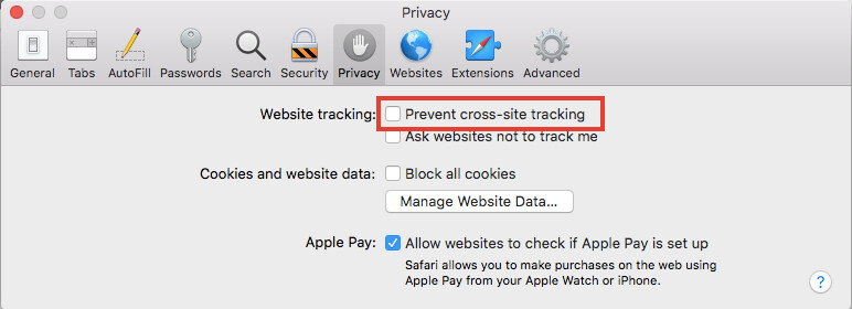 Disable Prevent Cross Site Tracking Safari macOS