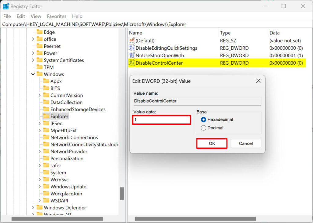 How to disable Quick Settings through Registry Editor in Windows 11