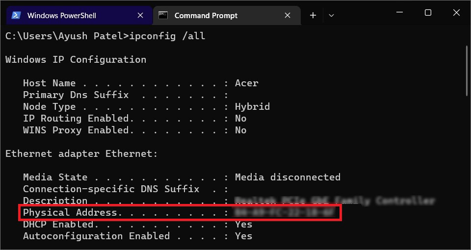 Finding MAC Address Using Command Prompt 2