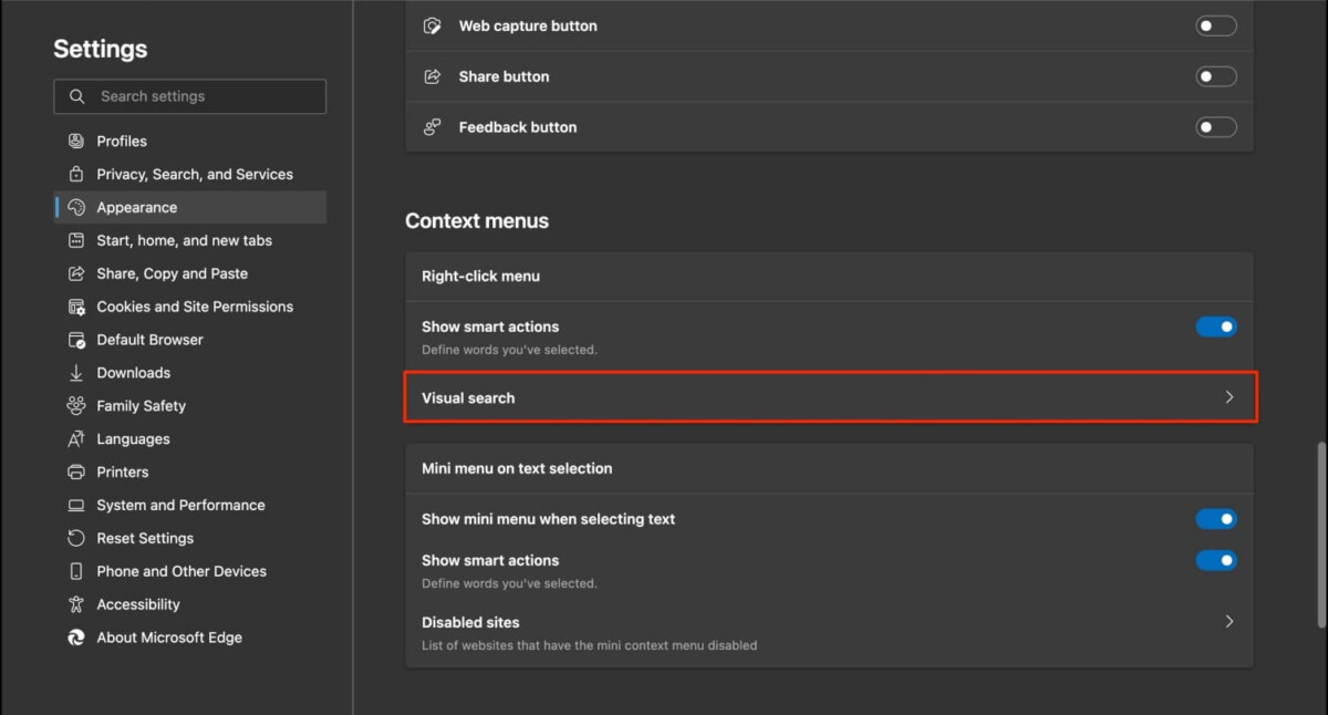 Disable Visual Search in Microsoft Edge