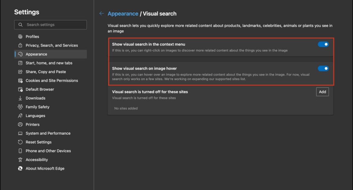 Disable Visual Search in Microsoft Edge