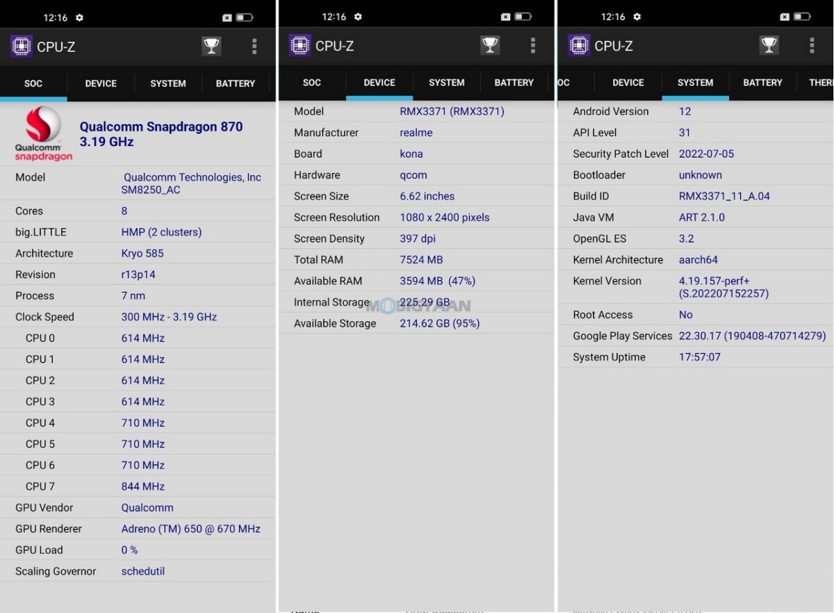 realme GT NEO 3T Review Benchmarks CPU Z