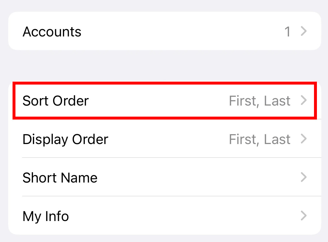 Apple iPhone Change Contact Sort Order