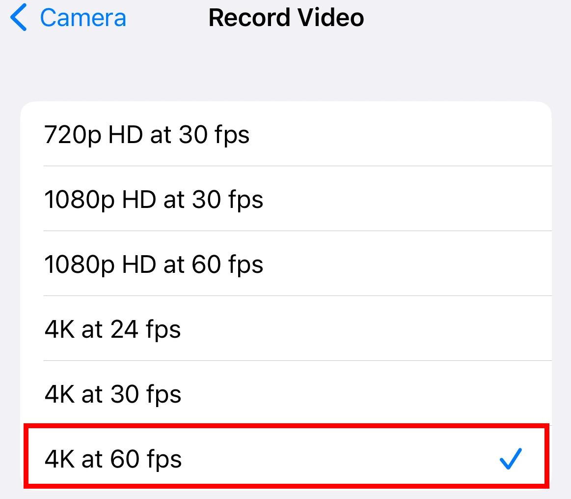 Apple iPhone Default Video Record at 4K 60fps