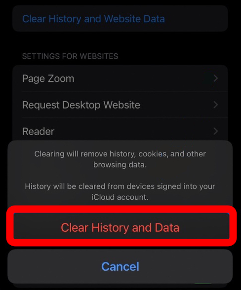 iphone safari clear history and data