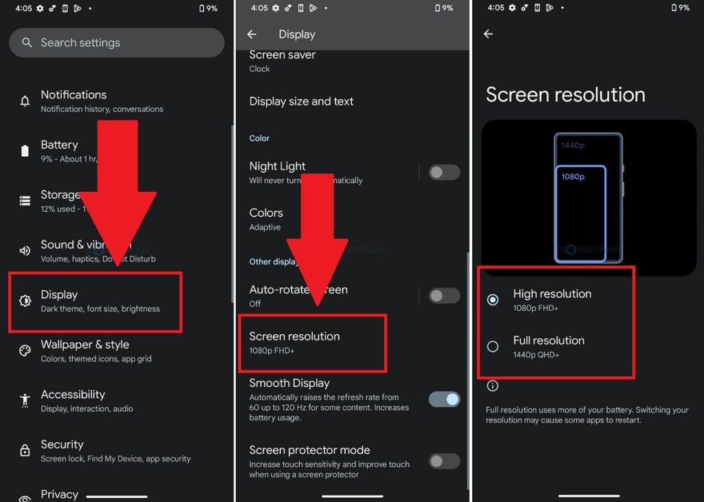 How to change screen resolution in Google Pixel 7 Pro