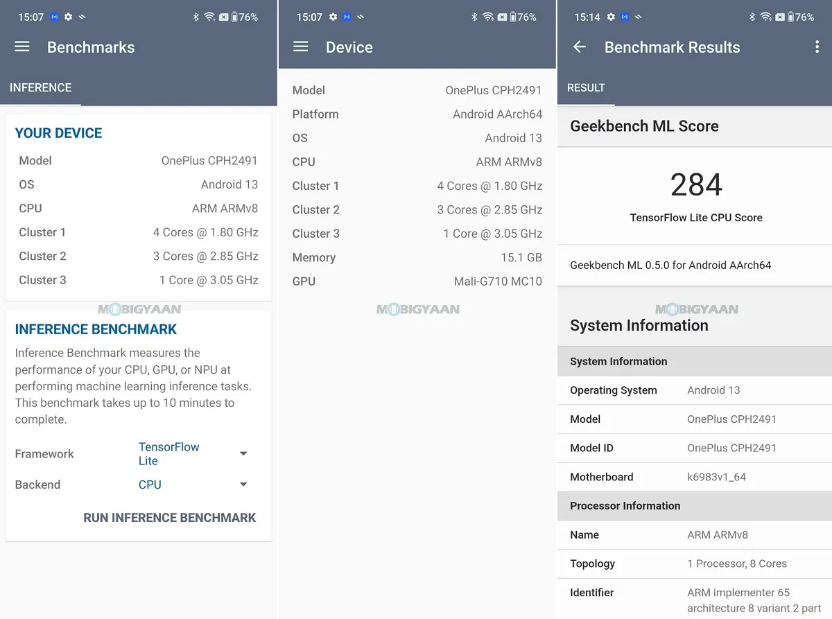 OnePlus Nord 3 5G Review OxygenOS 13.1 Geekbench ML Machine Learning Benchmarks