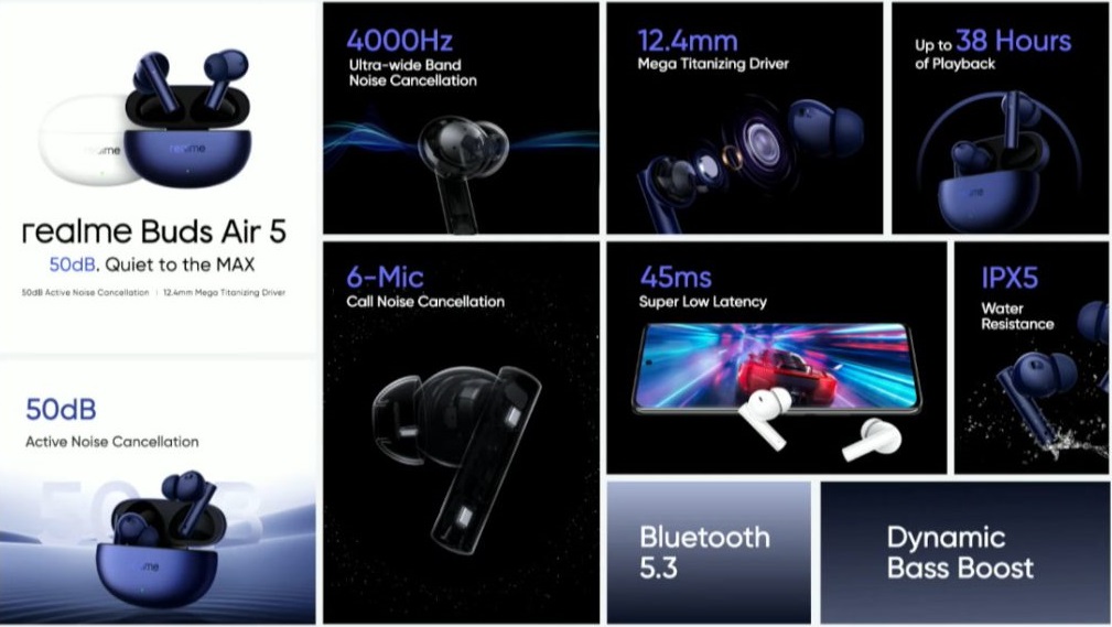New Realme Buds Air 5 Pro True Wireless Earphone 50dB Active Noise  Cancelling