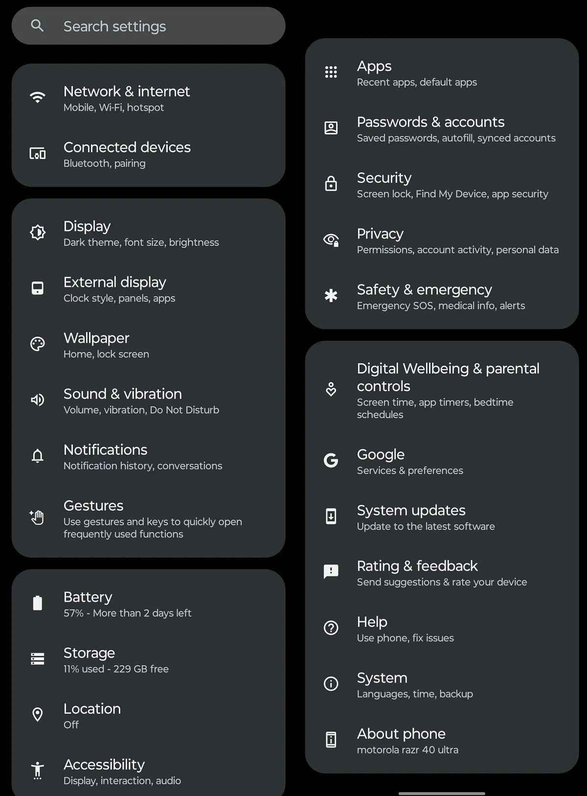 motorola razr 40 Ultra Review Android 13 Settings