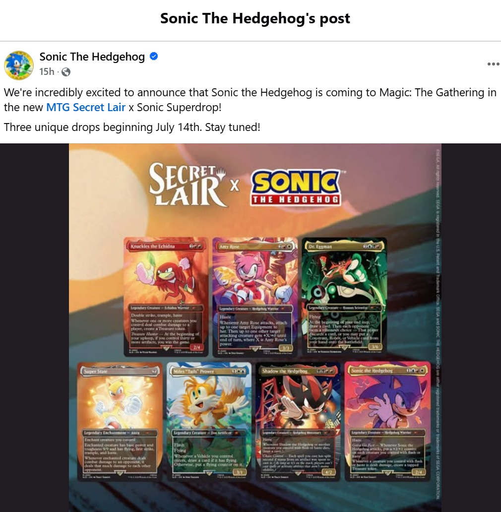 Magic The Gathering x Sonic the Hedgehog Secret Lair Crossover Facebook