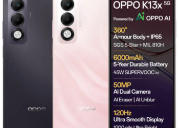 OPPO K13x 5G launched in India at ₹11,999, featuring 6000mAh battery, IP65 military-grade durability with Panda Glass and Splash Touch, 1000nits 120Hz screen, 50MP AI dual cameras, Dimensity 6300, and more