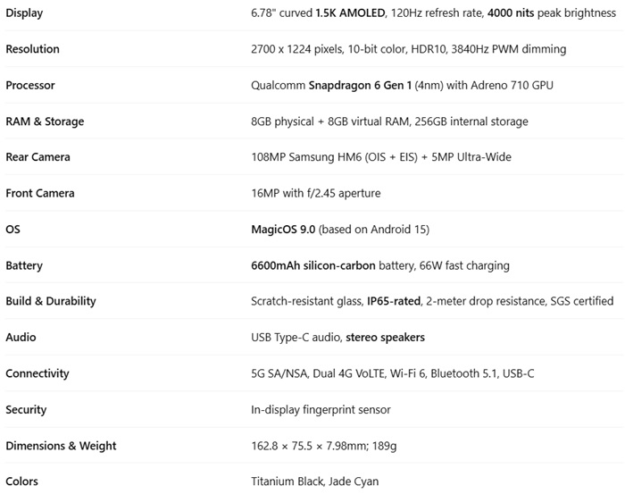 HONOR X9c 5G Specs