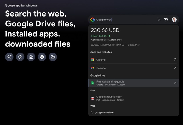 Google app for Windows Search