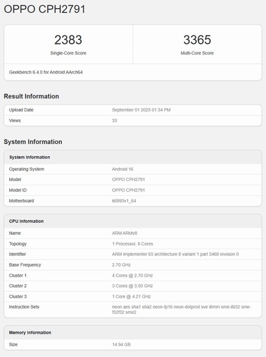 OPPO Find X9 Geekbench leak