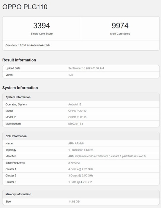 OPPO PLG110 Dimensity 9500 benchmark leak