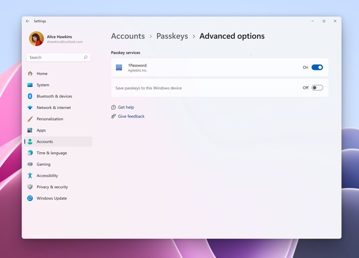 Windows 11 passkey services in Settings