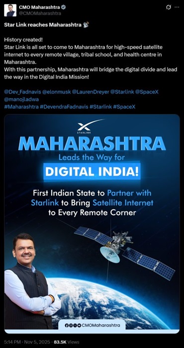 Maharashtra becomes first Indian state to partner with Starlink for Satellite Internet rollout 2 Star Link x Maharashtra