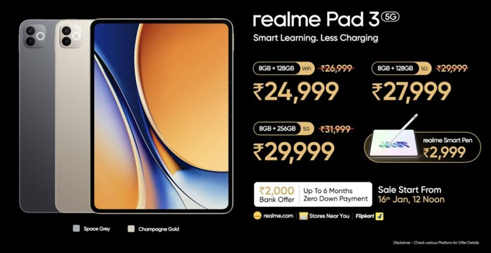 realme Pad 3 launched in India at ₹26,999 featuring 11.61-inch 2.8K display, 12200mAh battery, ultra-slim 6.6mm design, and more 3 realme Pad 3 India launch offers