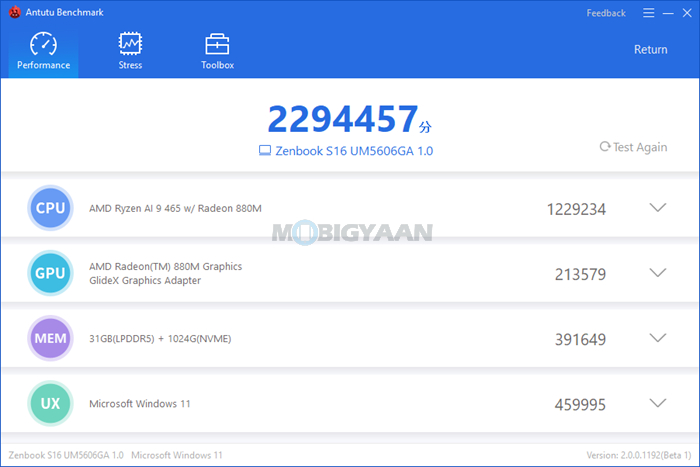 ASUS Zenbook S16 UM5606GA Review Performance AnTuTu Benchmark