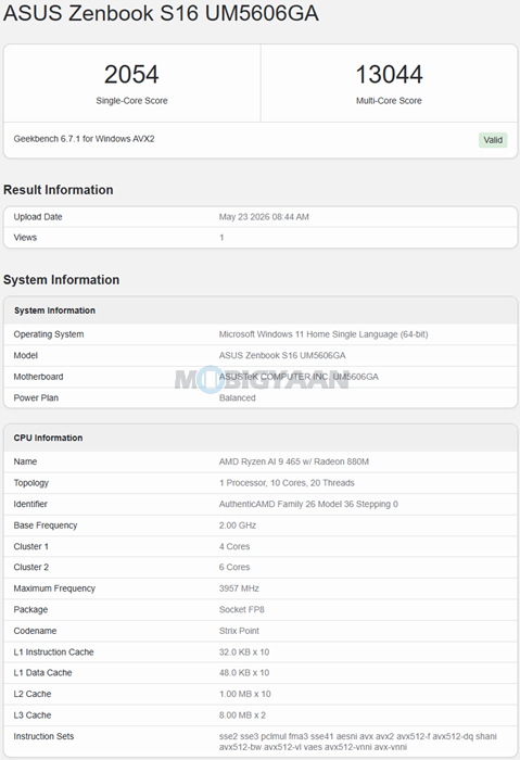 ASUS Zenbook S16 UM5606GA Review Performance Geekbench 6 Benchmark About