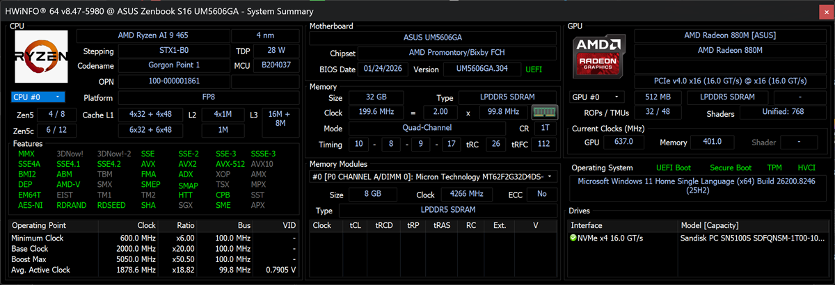 ASUS Zenbook S16 UM5606GA Review Performance HWiNFO
