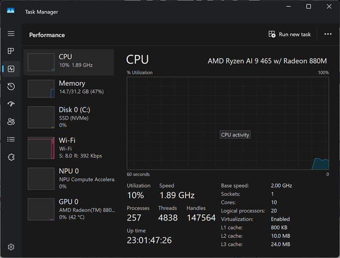 ASUS Zenbook S16 UM5606GA Review Windows 11 Task Manager CPU
