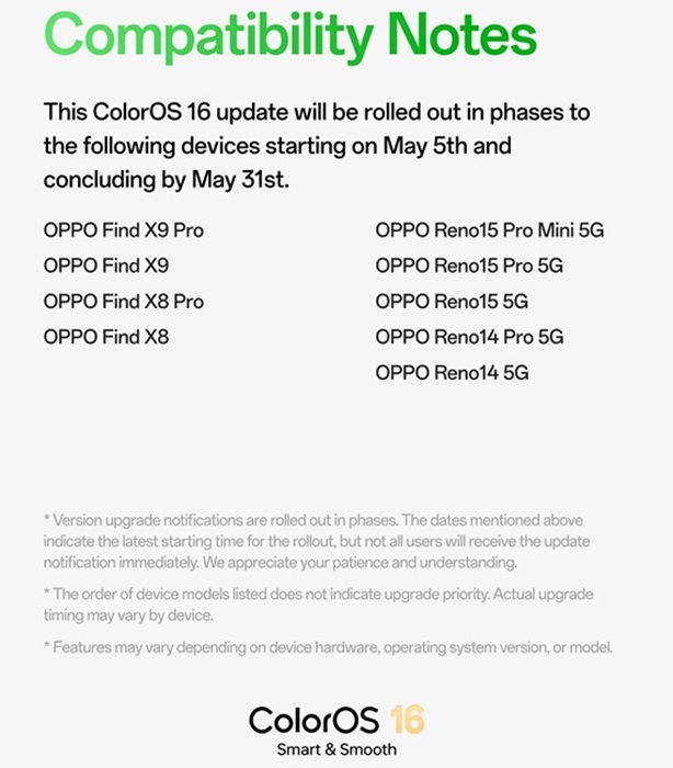 ColorOS 16 May update brings AI Mind Pilot, AI Grouping, AI Scan, and enhanced Live Space experience 8 ColorOS May 2026 Update Devices