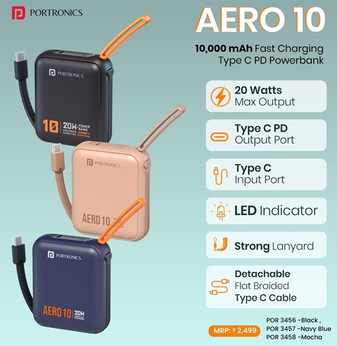 Portronics Aero 10 power bank launched in India at ₹1,249 with 10,000mAh capacity, 20W fast charging, and built-In Type-C cable 3 Portronics Aero 10 Features