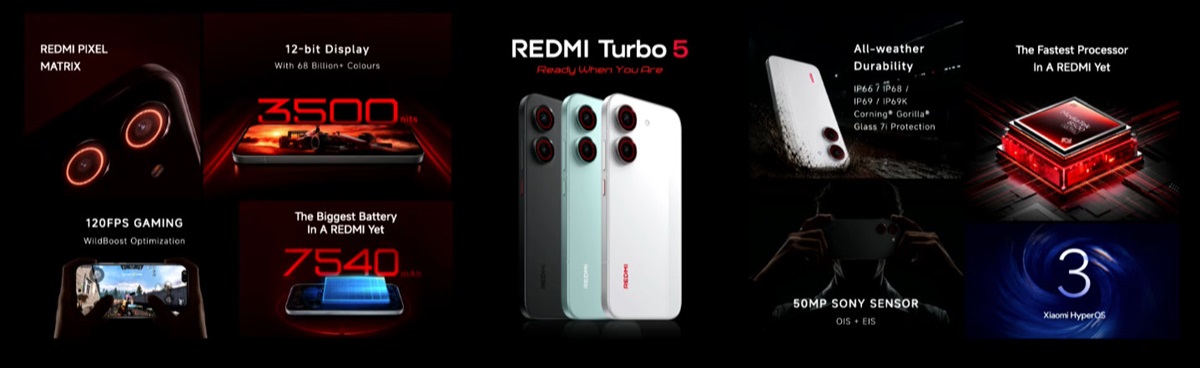 REDMI Turbo 5 launched in India at ₹37,999 featuring Dimensity 8500-Ultra, 7540mAh Battery, 100W HyperCharge, IP69K rating, and more 3 REDMI Turbo 5 Features