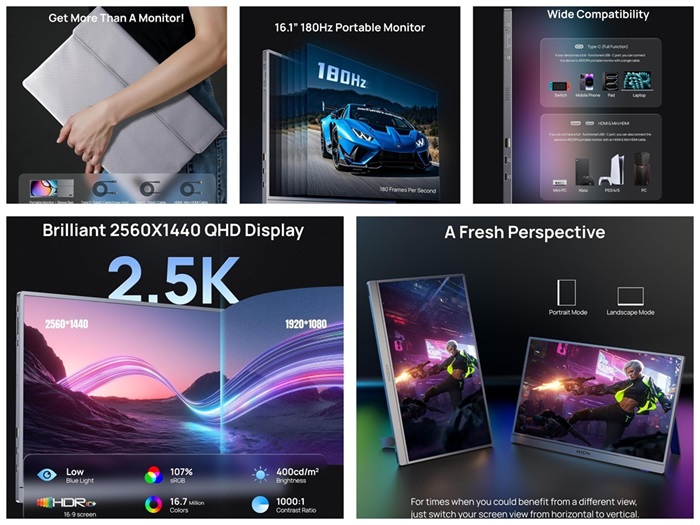 XElectron ARZOPA Z3FC portable gaming monitor launched in India at ₹18,990, featuring 16.1-inch 180Hz 2.5K display, built-in speakers, ultra-slim design, USB-C, and more 3 XElectron ARZOPA Z3FC Gaming Monitor Features