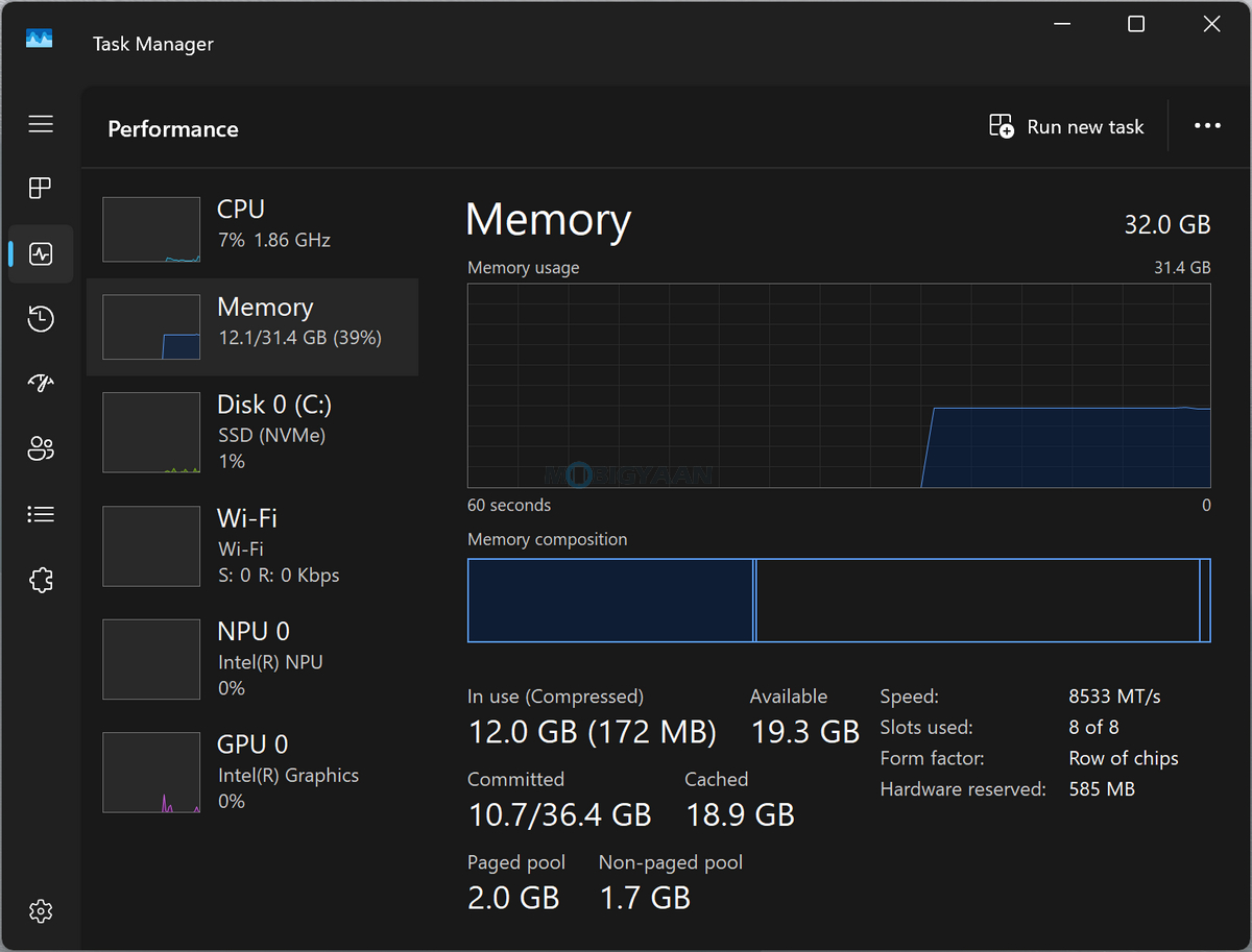 ASUS Zenbook S14 Review UX5406AA Task Manager Memory RAM